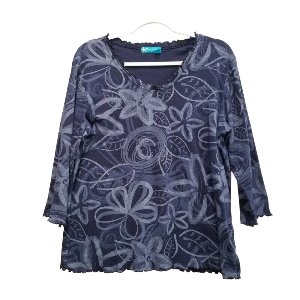 Fresh Produce Blue Floral Shirt Top Cotton Knit Sz XL Ruffled Edge 3/4 Sleeve